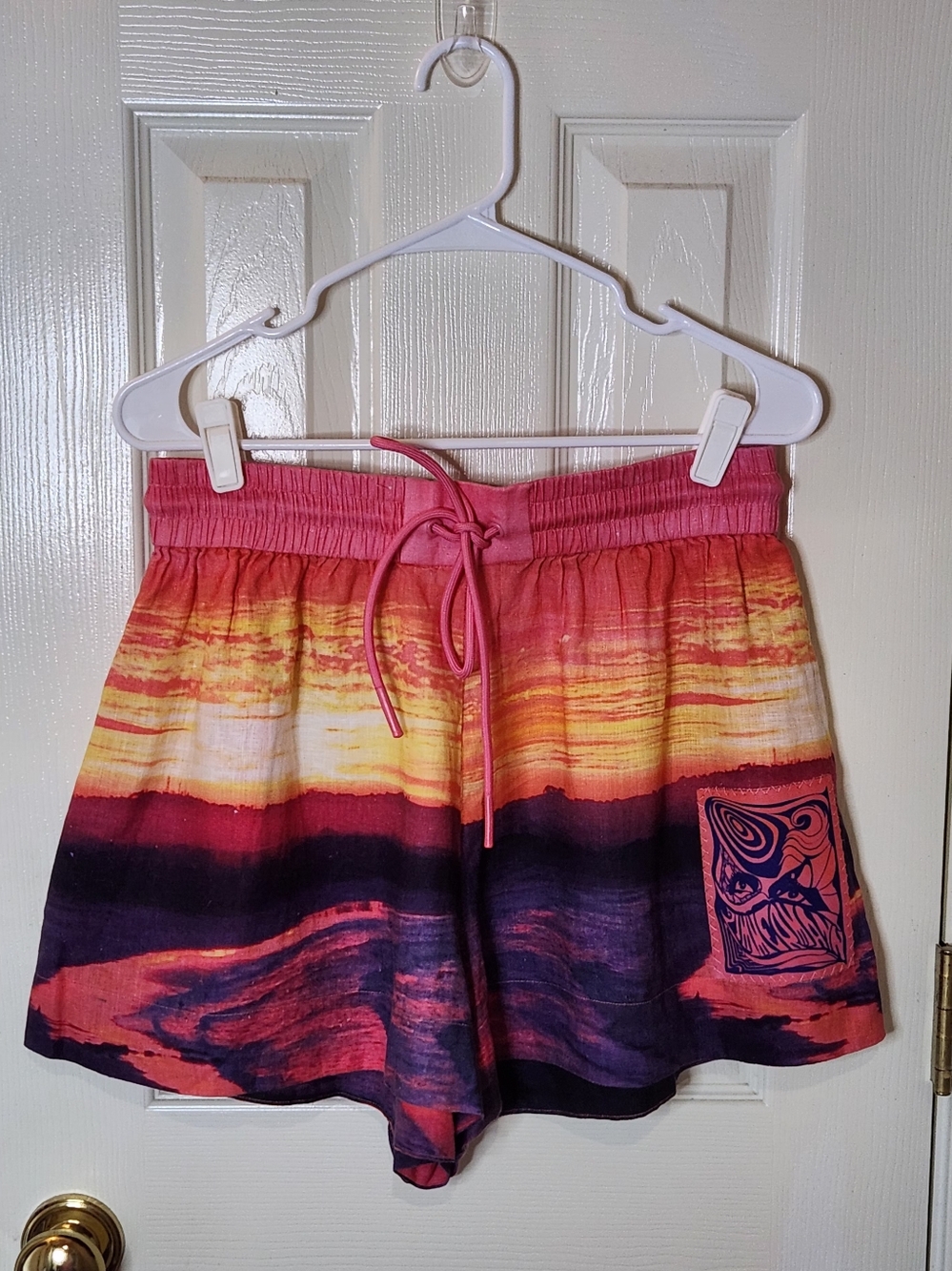 Zimmermann Shelly Applique Sunset Print Linen Drawstring Shorts. Size Small